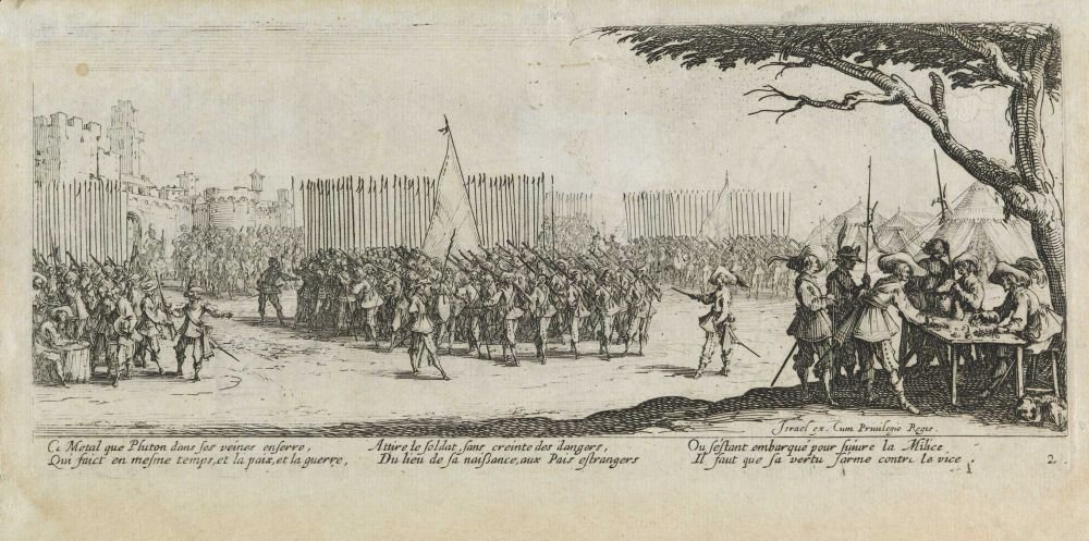 Rekruttering af troppen Les miseres et les mal-heures de la guerre, pl. 2 af Jacques Callot