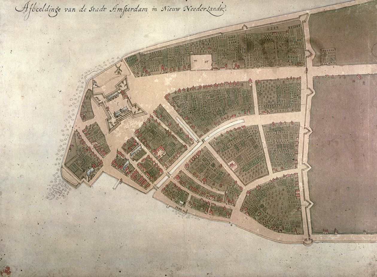 Udsigt over New Amsterdam, Costello Plan, 1660 af Jacques Cortelyou