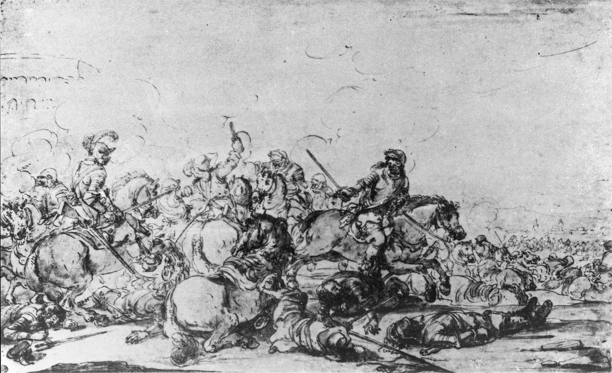 En kavalerikamp (kridt, pen og blæk på papir) af Jacques Courtois