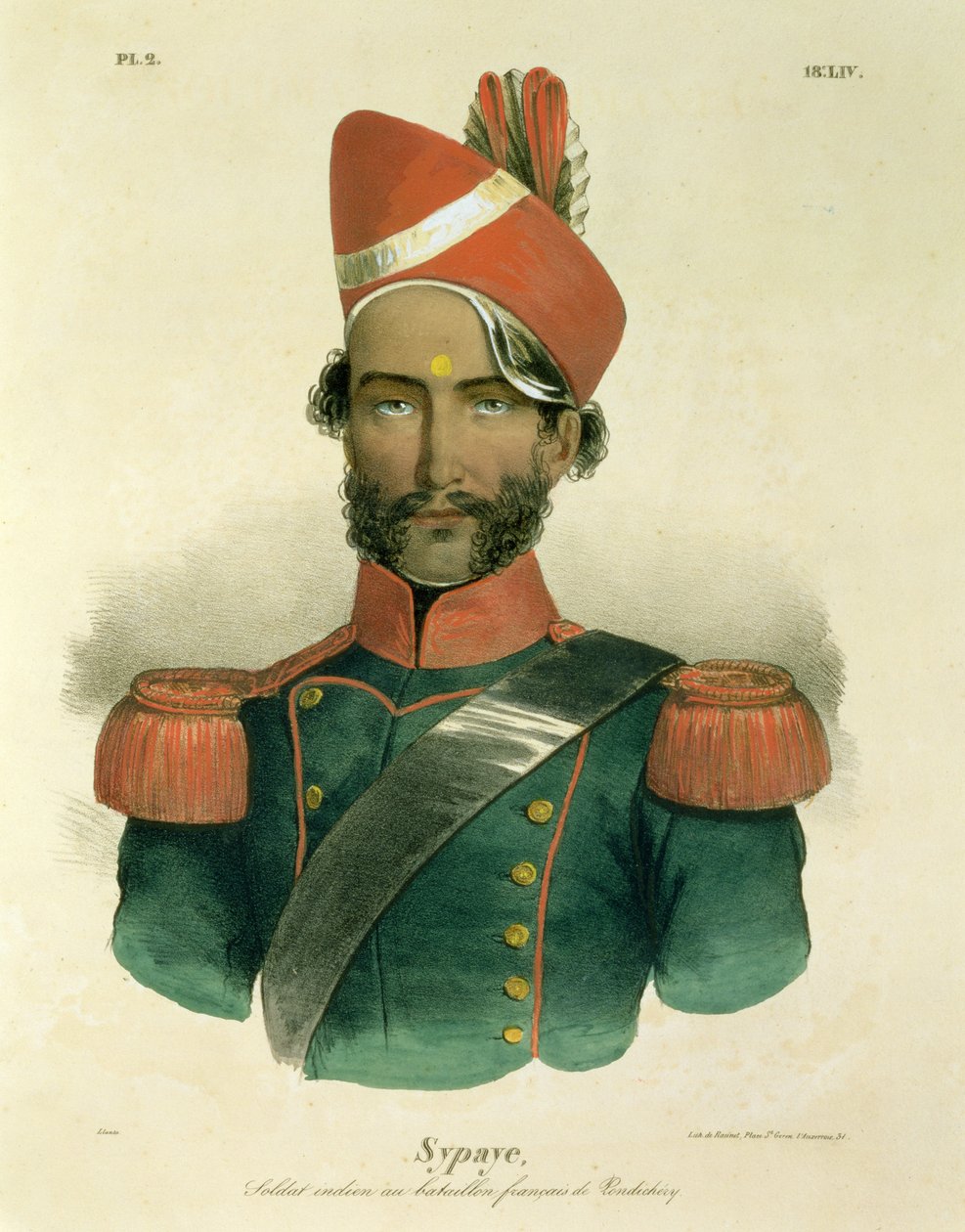 A Sepoy: en indisk soldat i den franske bataljon ved Pondicherry, indgraveret af Racinet af Jacques Francois Gauderique Llanta