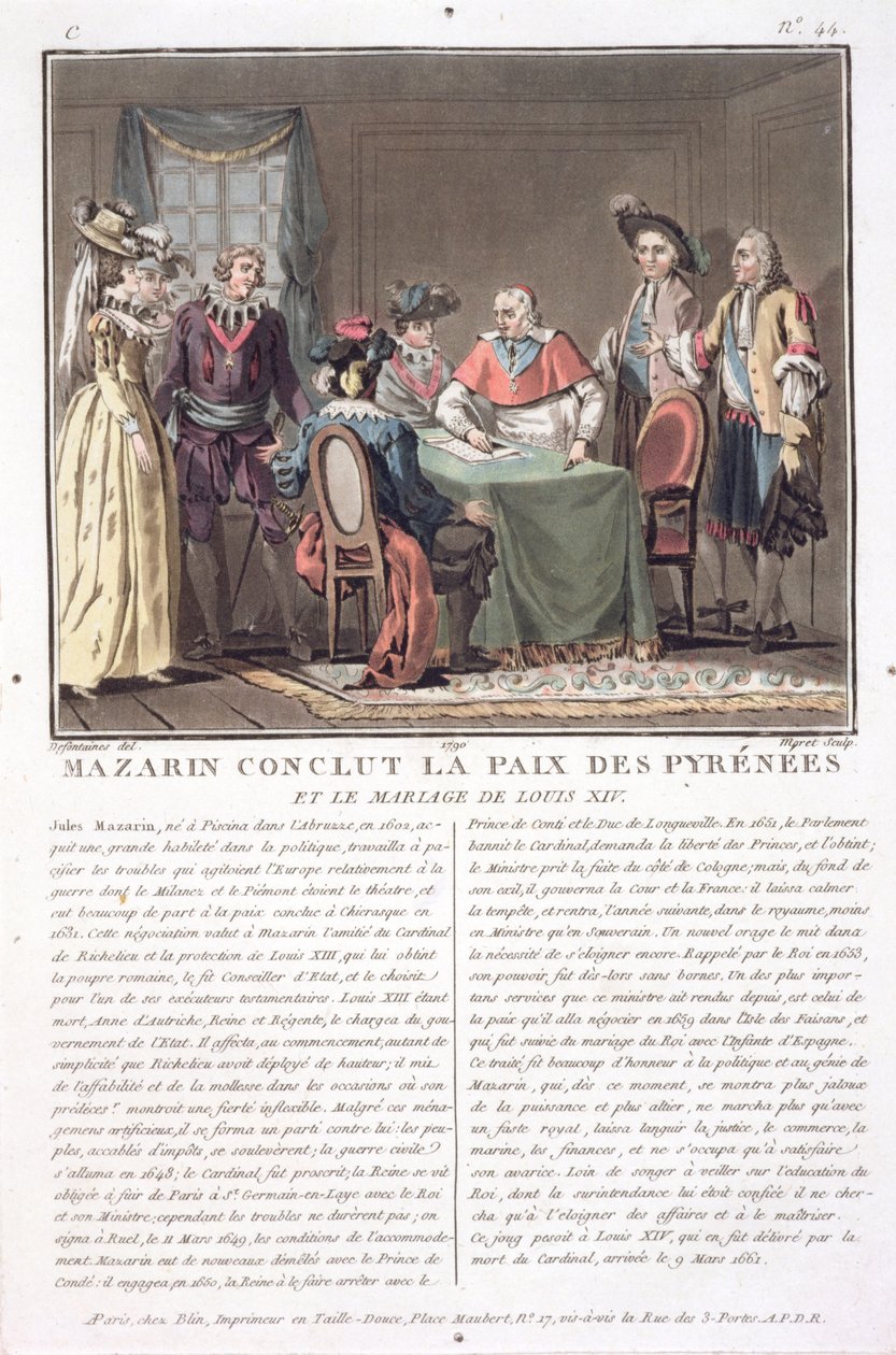 Kardinal Mazarin (1602-61) afslutter Pyrenæernes Fred, 1659, indgraveret af Jean Baptiste Morret (fl.1790-1820), 1790 af Jacques Francois Joseph Swebach