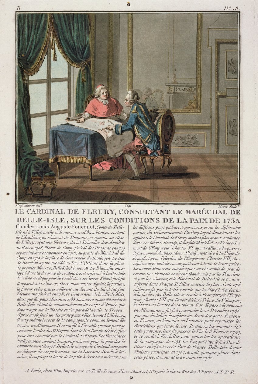 Kardinal de Fleury (1653-1743) rådfører sig med marskal de Belle-Isle (1684-1761) om betingelserne for freden, 1735, graveret af Jean Baptiste Morret (fl.1790-1820), 1791 af Jacques Francois Joseph Swebach