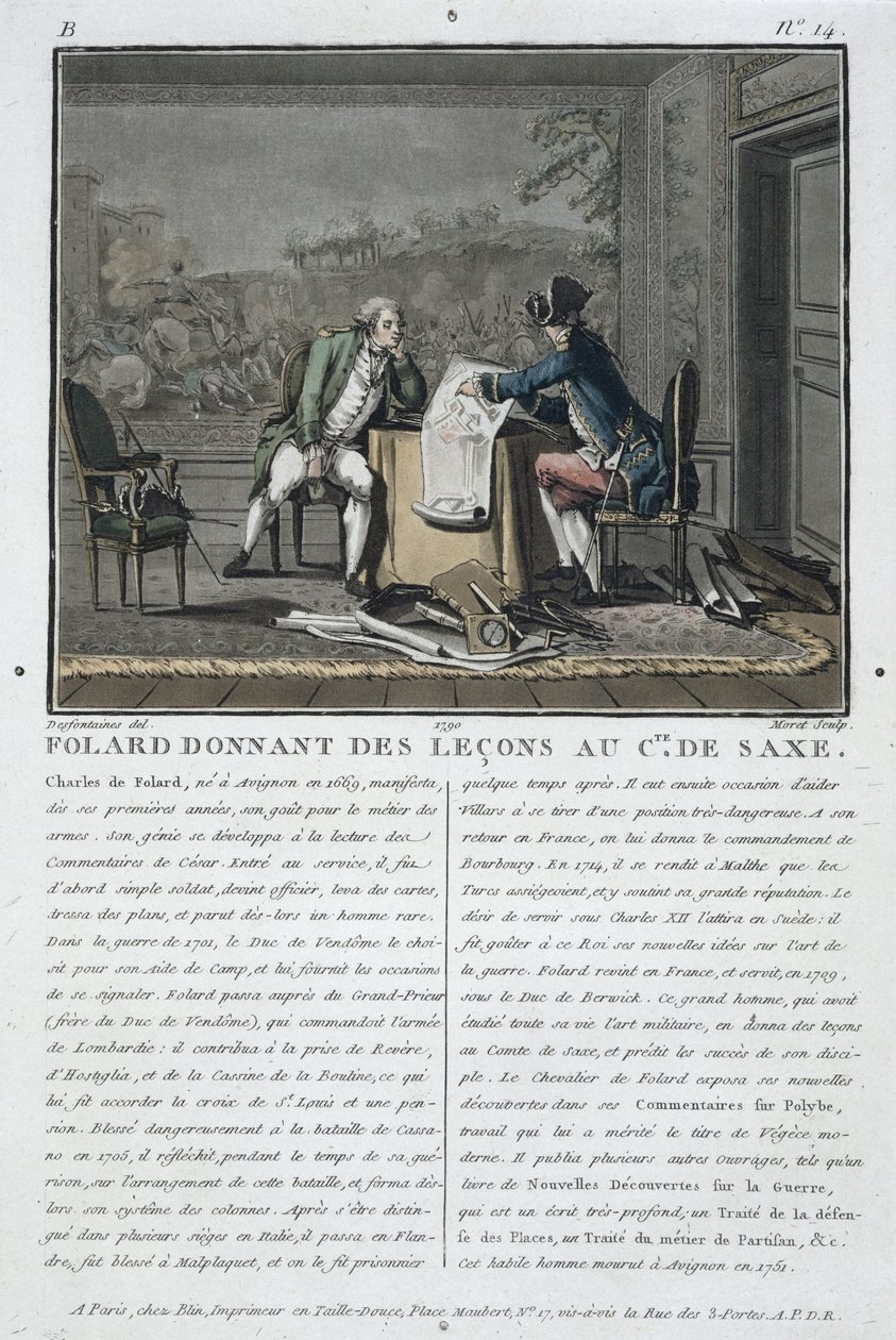 Charles, Chevalier de Folard (1699-1751) instruerer greven af Sachsen (1696-1750), indgraveret af Jean Baptiste Morret (fl.1790-1820), 1790 af Jacques Francois Joseph Swebach