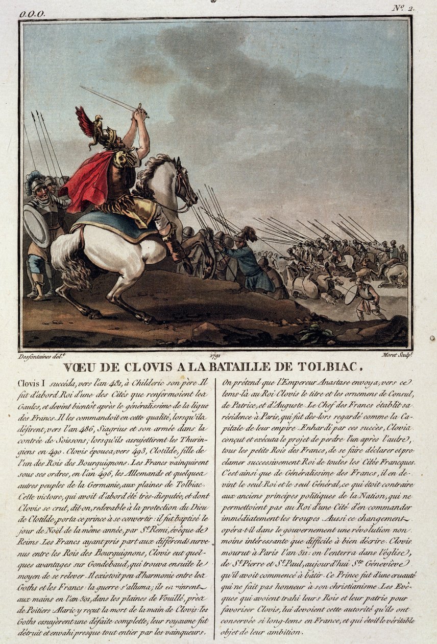 Clovis I (c.466-511) ved slaget ved Tolbiac, 496 AD, indgraveret af Jean Baptiste Morret (fl.1790-1820), 1791 af Jacques Francois Joseph Swebach