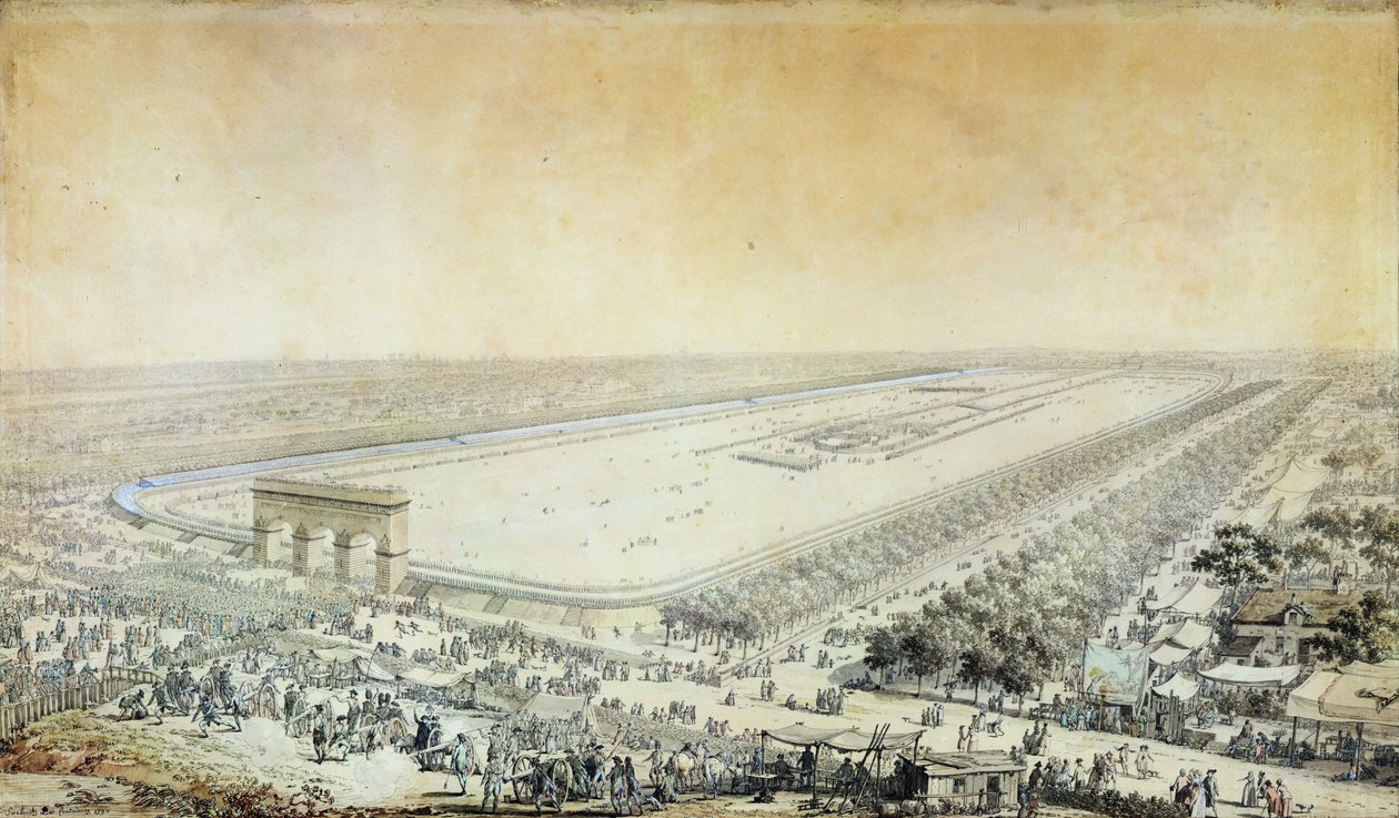 Generel udsigt over Champ-de-Mars under Fete de la Federation, 14. juli 1790 (pen og blæk og wc på papir) af Jacques Francois Joseph Swebach