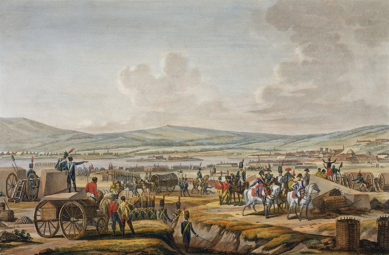 Napoleon besøger belejringsværket i Danzig ledet af marskal Le Febvre, 9. maj 1807, indgraveret af Francois Jacques Dequevauviller (1783-1848) (akvatint) af Jacques Francois Joseph Swebach