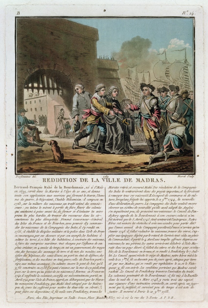 Overgivelse af byen Madras, 1746, indgraveret af Jean Baptiste Morret (f.1790-1820), 1789 af Jacques Francois Joseph Swebach