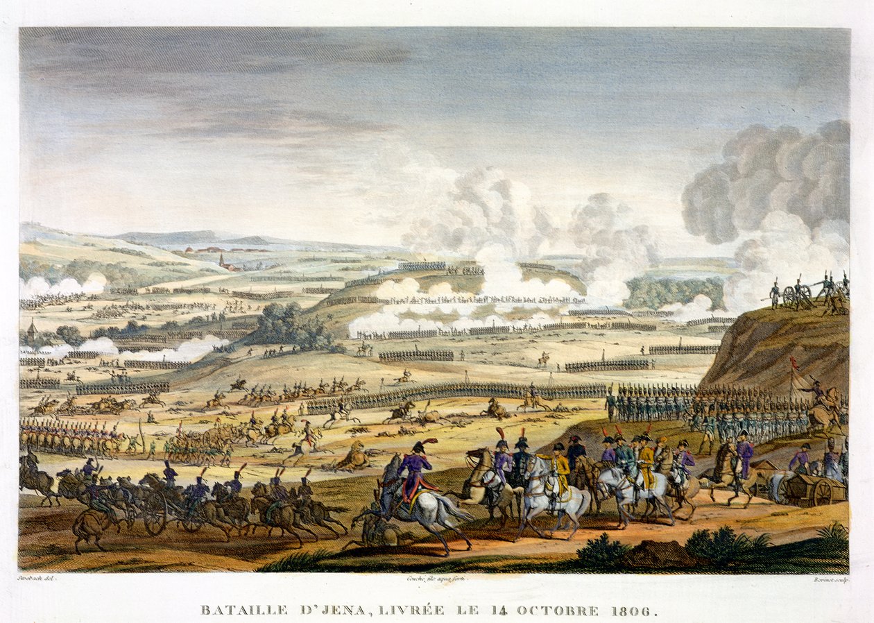 Slaget ved Jena, 14. oktober 1806, indgraveret af Edme Bovinet (1767-1832) (akvatinte) af Jacques Francois Joseph Swebach