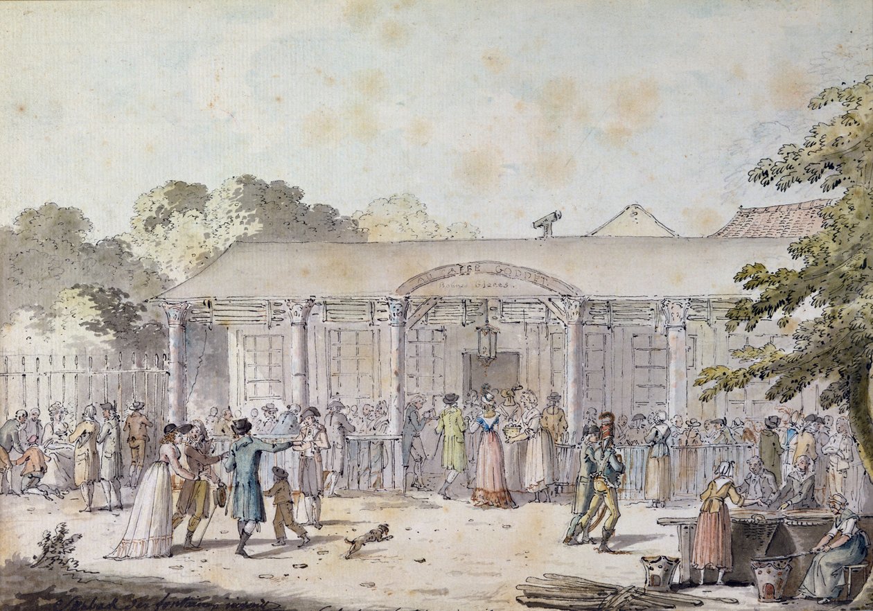 Cafe Goddet, Boulevard du Temple, på konsulatets tid, 1799-1804 (pen og blæk og wc på papir) af Jacques Francois Joseph Swebach