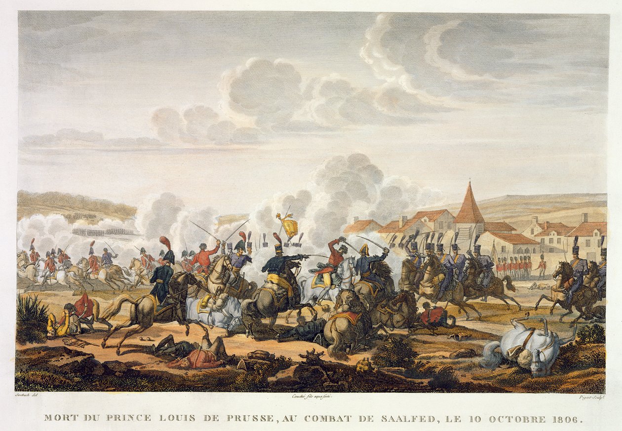 Prins Ludvig af Preussens død i slaget ved Saalfed, 10. oktober 1806, graveret af Louis Francois Couche (1782-1849) (akvaratint) af Jacques Francois Joseph Swebach