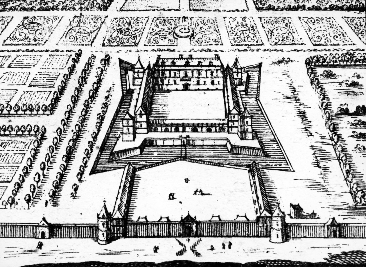 Udsigt over den kongelige jagthytte i Versailles, som den var i slutningen af 1620