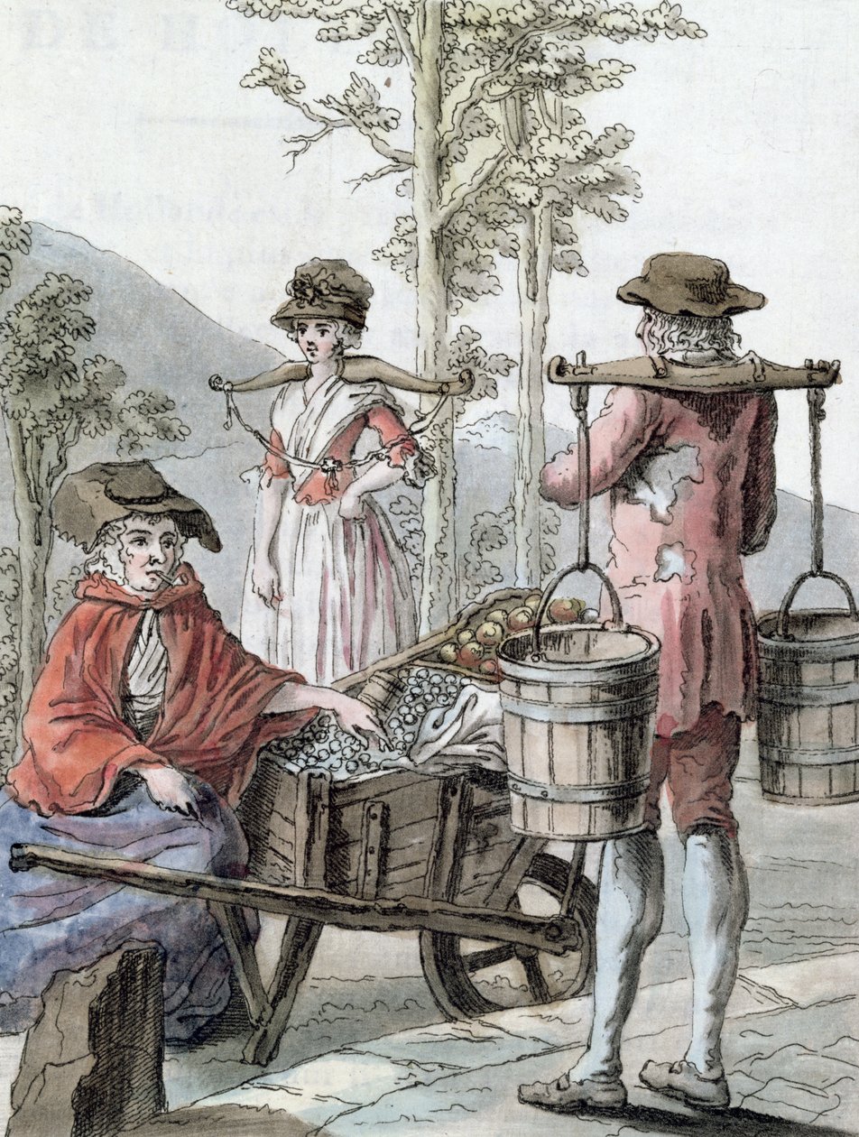 Engelske bønder, der sælger frugt og bærer mælk, illustration fra 