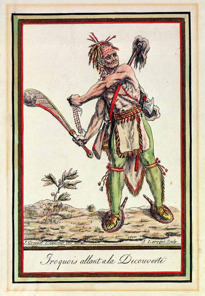 Iroquois begiver sig ud på en ekspedition, graveret af J. Laroque af Jacques Grasset de Saint Sauveur
