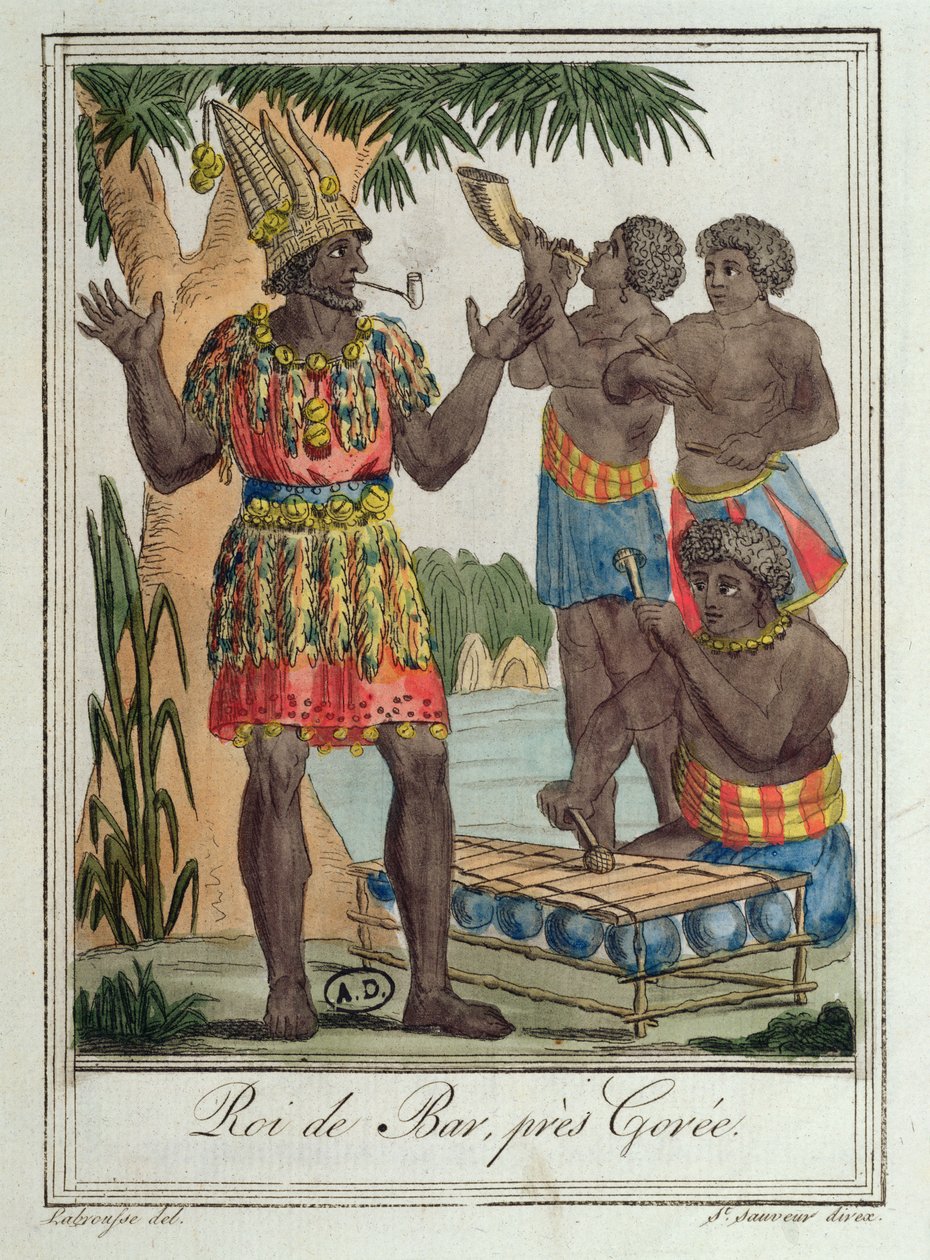 King of Bar, nær Gorée, Senegal, fra kostumer fra forskellige lande, 1796 af Jacques Grasset de Saint Sauveur