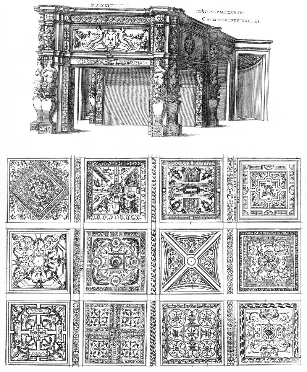 Gravering fra Le premier volume des plus excellents Bastiments de France af Jacques I Androuet du Cerceau, pejs og gulvdesign til Château de Madrid af Jacques I Androuet du Cerceau