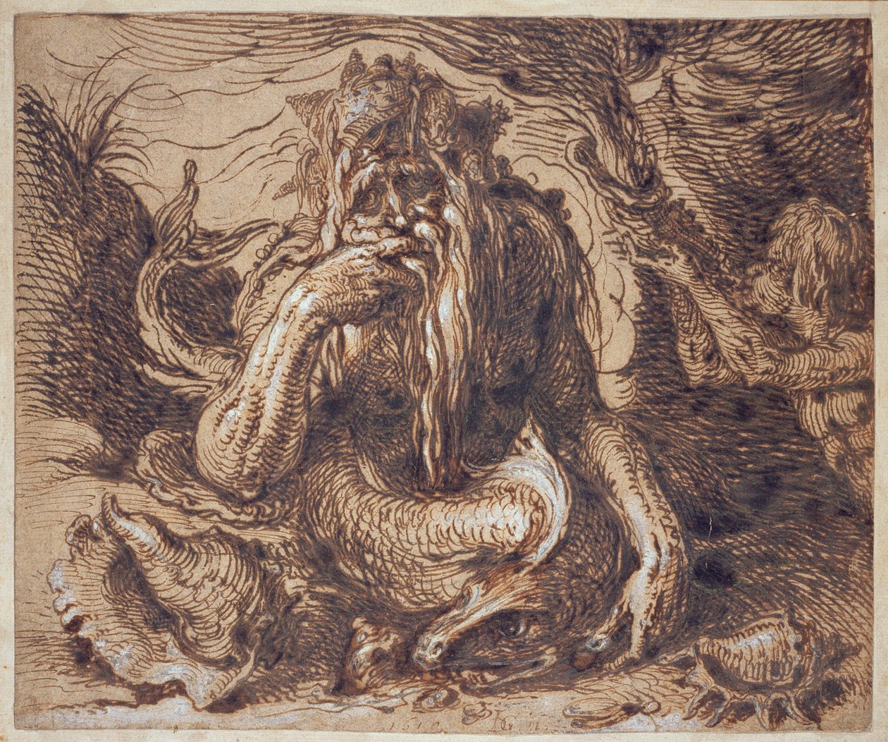 Neptun, 1610 (pen og blæk forhøjet med gouache på papir) af Jacques II de Gheyn