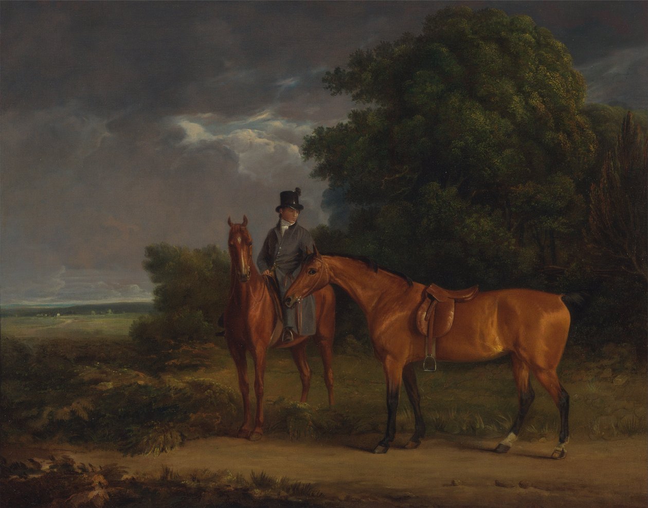 En brudgom monteret på en kastanjejæger og holder en bayjæger ved tøjlerne af Jacques Laurent Agasse