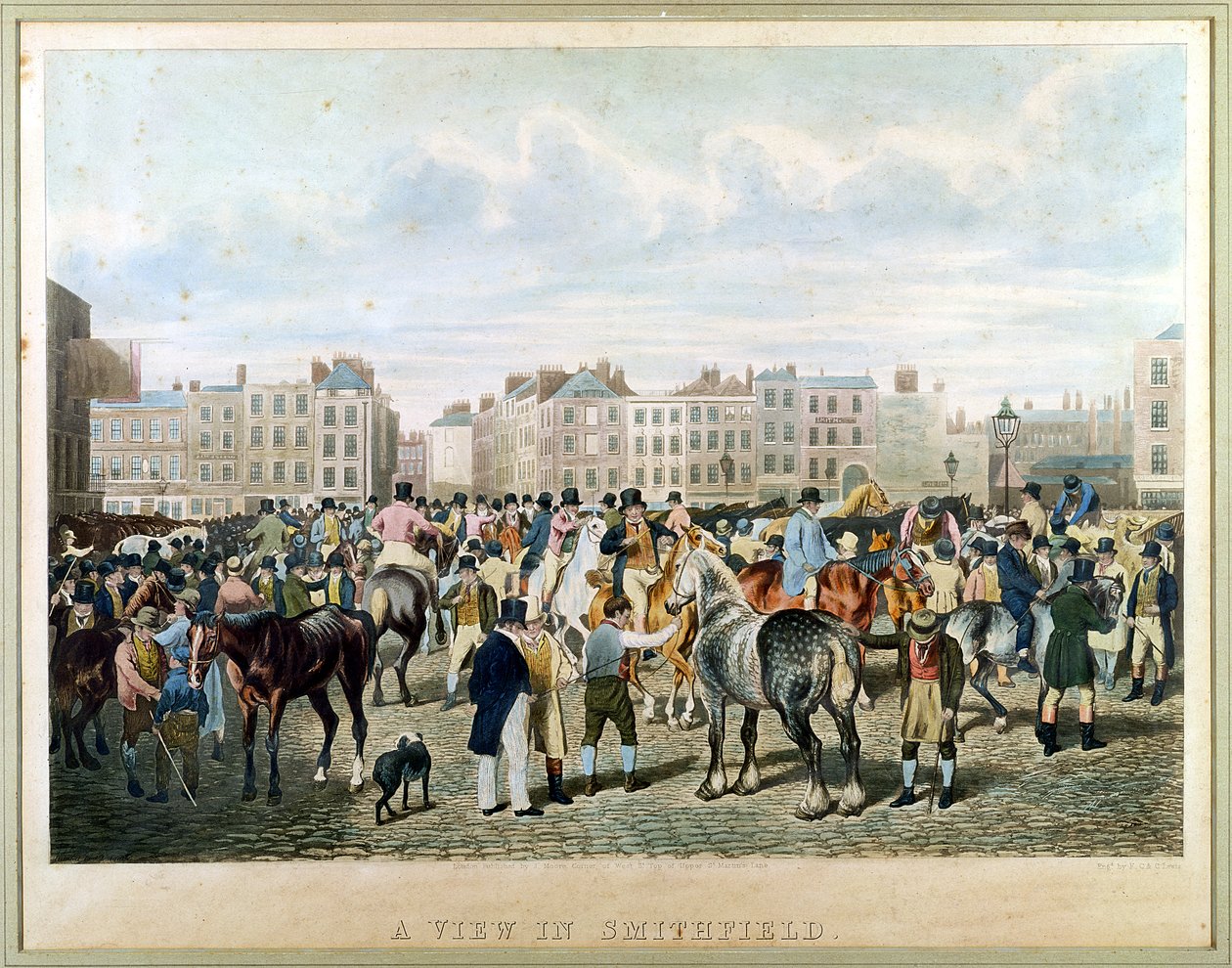 A View in Smithfield indgraveret af F.C. og C. Lewis (farvegravering) af Jacques Laurent Agasse