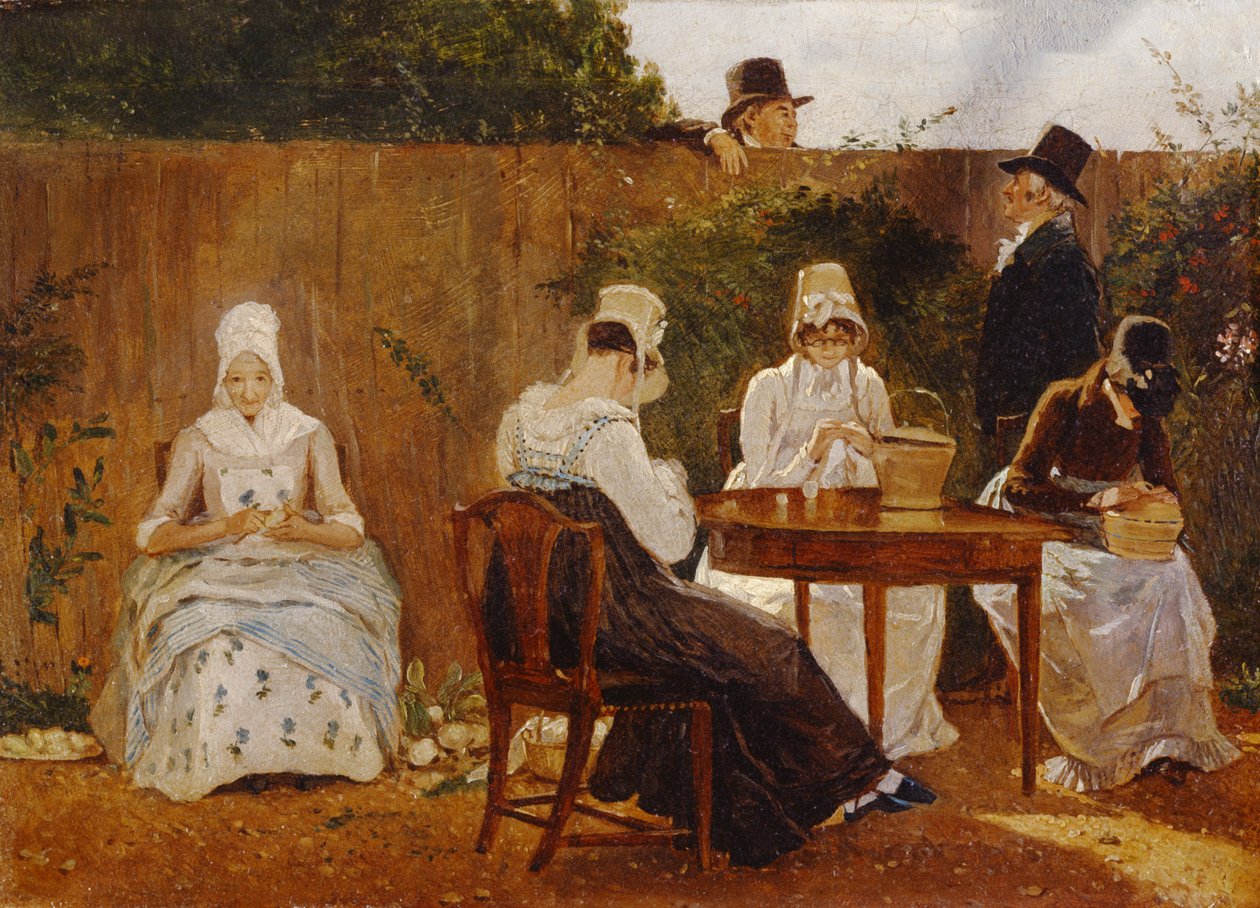 Chalon-familien i deres London Town Garden, begyndelsen af 1800-tallet (olie på Academy board) af Jacques Laurent Agasse
