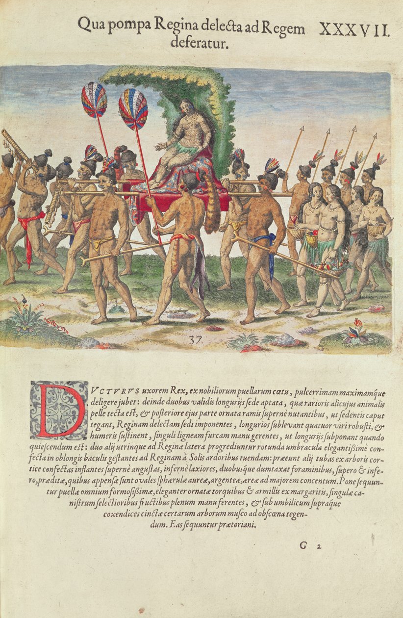 En brud bæres til høvdingen, fra "Brevis Narratio...", graveret af Theodore de Bry (1528-98), udgivet i Frankfurt, 1591 af Jacques Le Moyne
