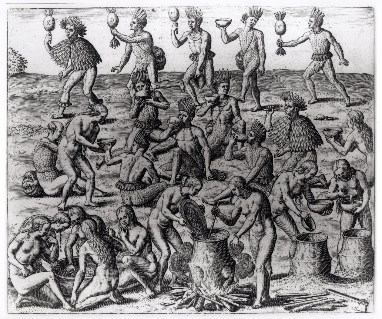 Indiske kvinder forbereder maniokrod, indgraveret af Theodore de Bry (1528-98), fra 