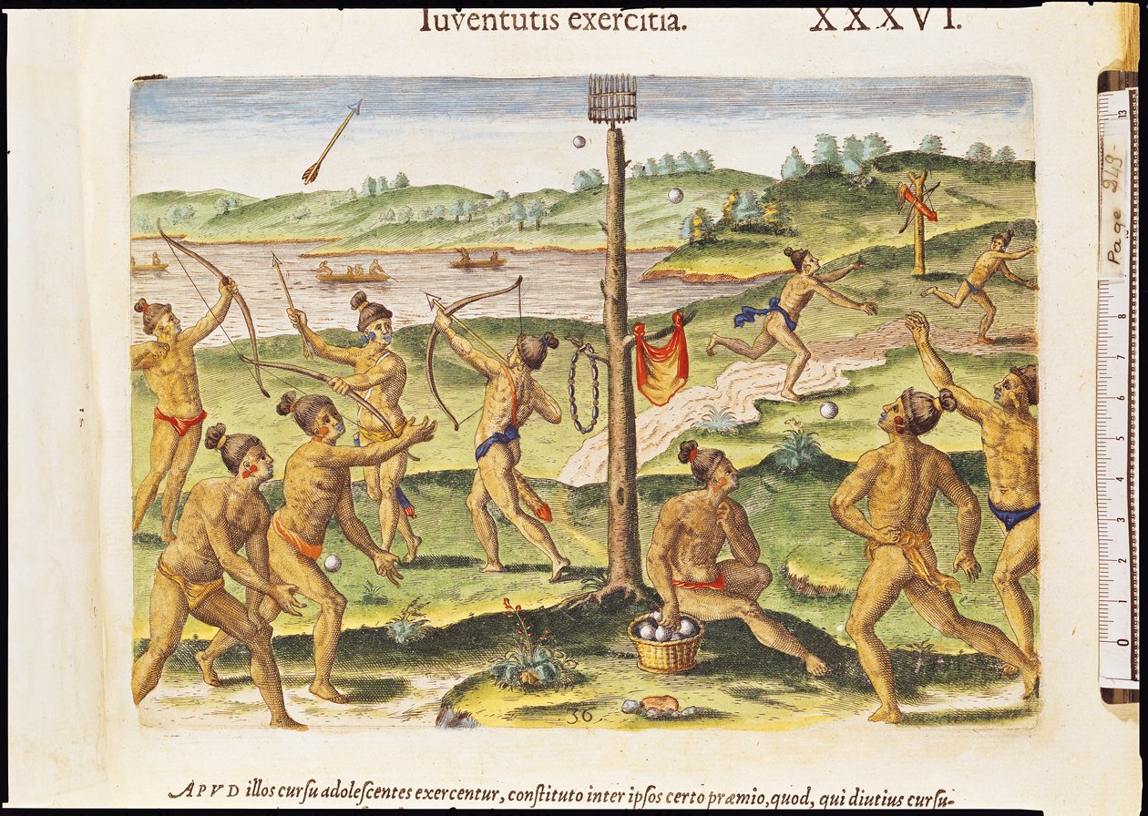 Indianere, der træner til krig, fra "Brevis Narratio...", graveret af Theodore de Bry (1528-98) 1591 af Jacques Le Moyne