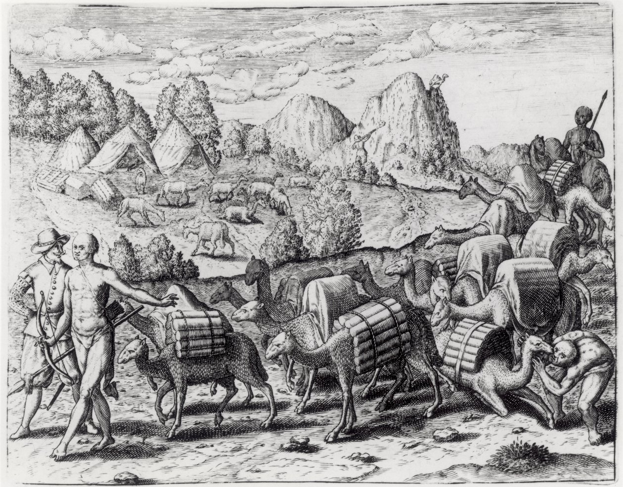 Paktog af lamaer ladet med sølv fra Potosi-minerne i Peru, indgraveret af Theodore de Bry (1528-98), fra 
