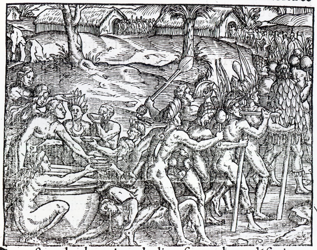 Procession af indfødte, der drikker og ryger, indgraveret af Theodor de Bry (1525-75) af Jacques Le Moyne