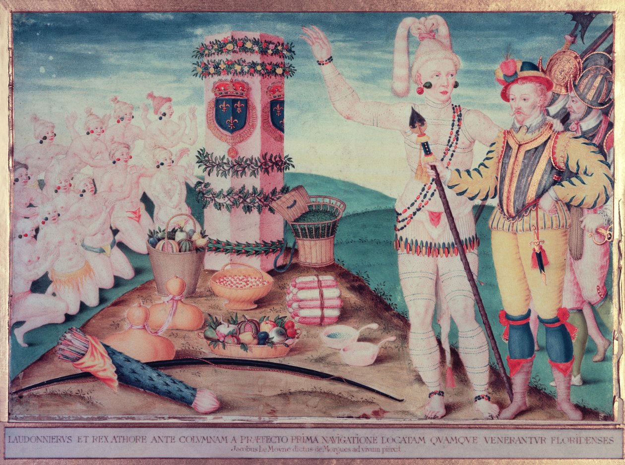 Rene Goulaine de Laudonniere (ca. 1529-82) og Chief Athore foran Ribaults søjle, ca. 1570 af Jacques Le Moyne