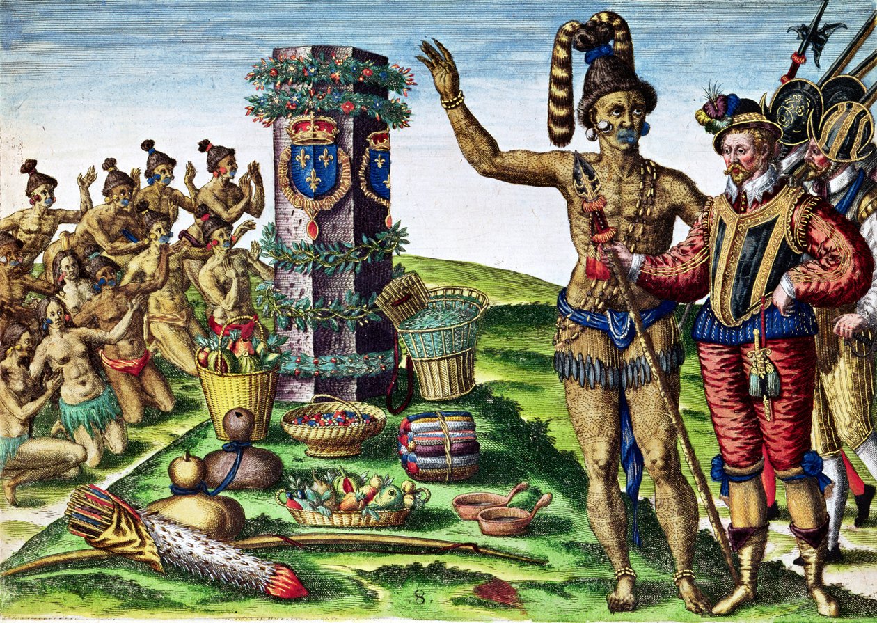 Rene Goulaine de Laudonniere (ca. 1529-82) og Chief Athore foran Ribaults søjle, fra 