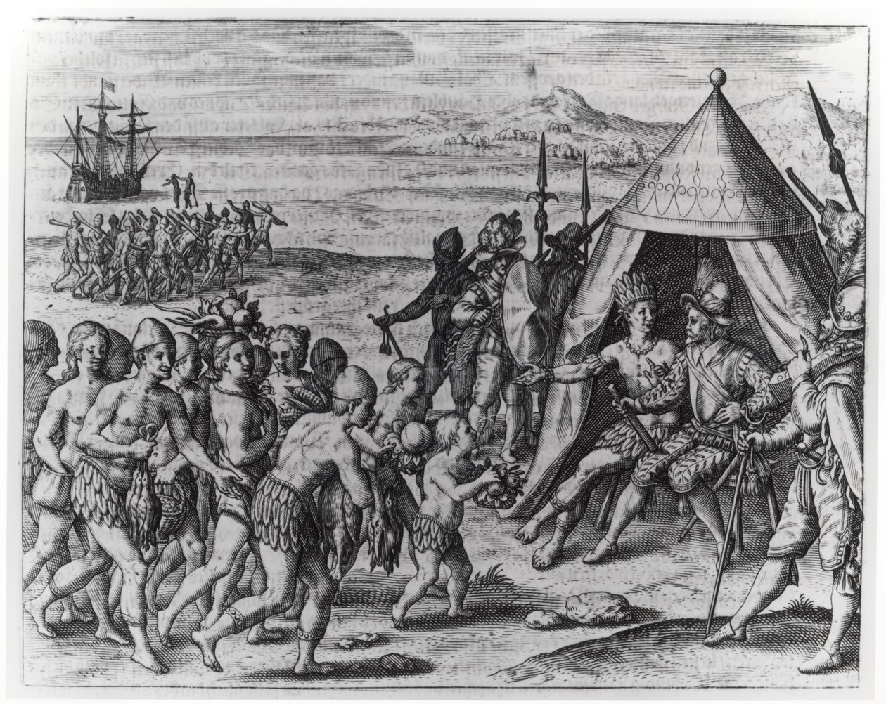 Sir Walter Raleigh (1554-1618) forsøger at etablere venskab med kong Arromaia af Guyana, fra 