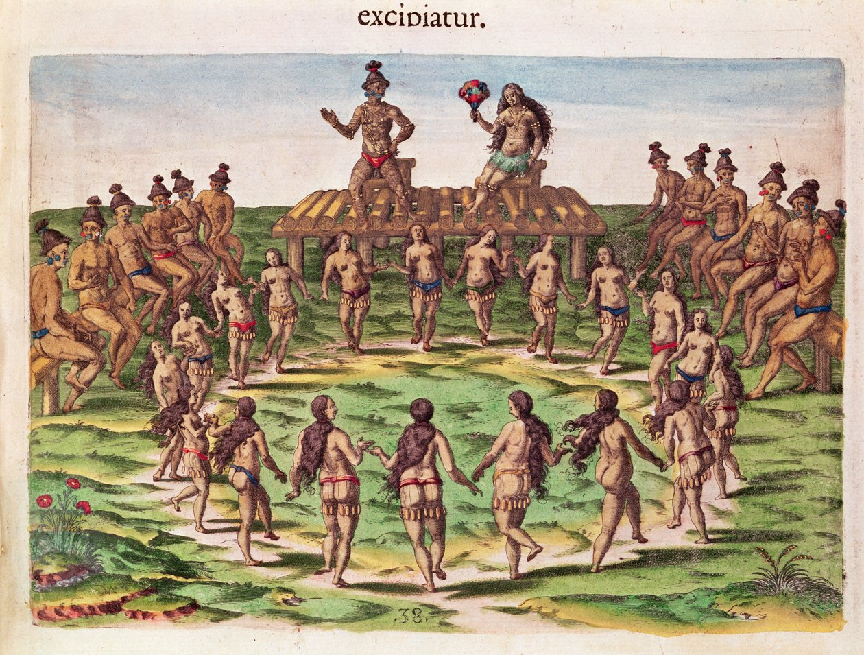 Høvdingen tager imod sin brud, fra "Brevis Narratio...", graveret af Theodore de Bry (1538-98) udgivet i Frankfurt, 1591 af Jacques Le Moyne