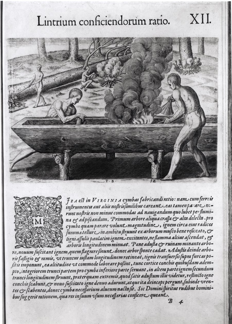 Virginia-indianere, der laver dugout-både, fra 