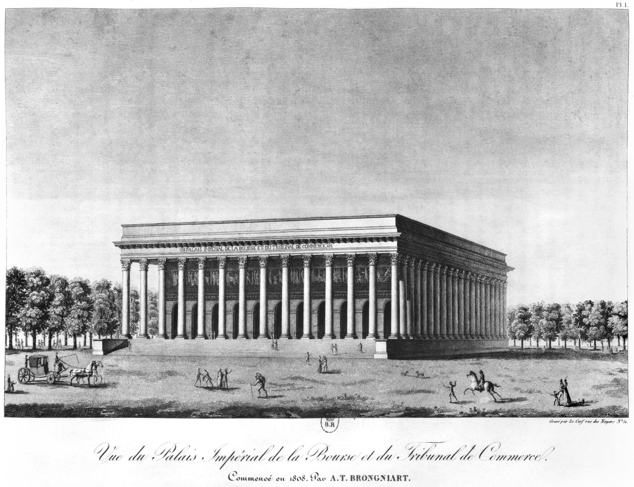 Udsigt over Bourse Imperial Palace og Handelsretten, Paris, begyndelsen af det 19. århundrede af Jacques Louis Constant Le Cerf