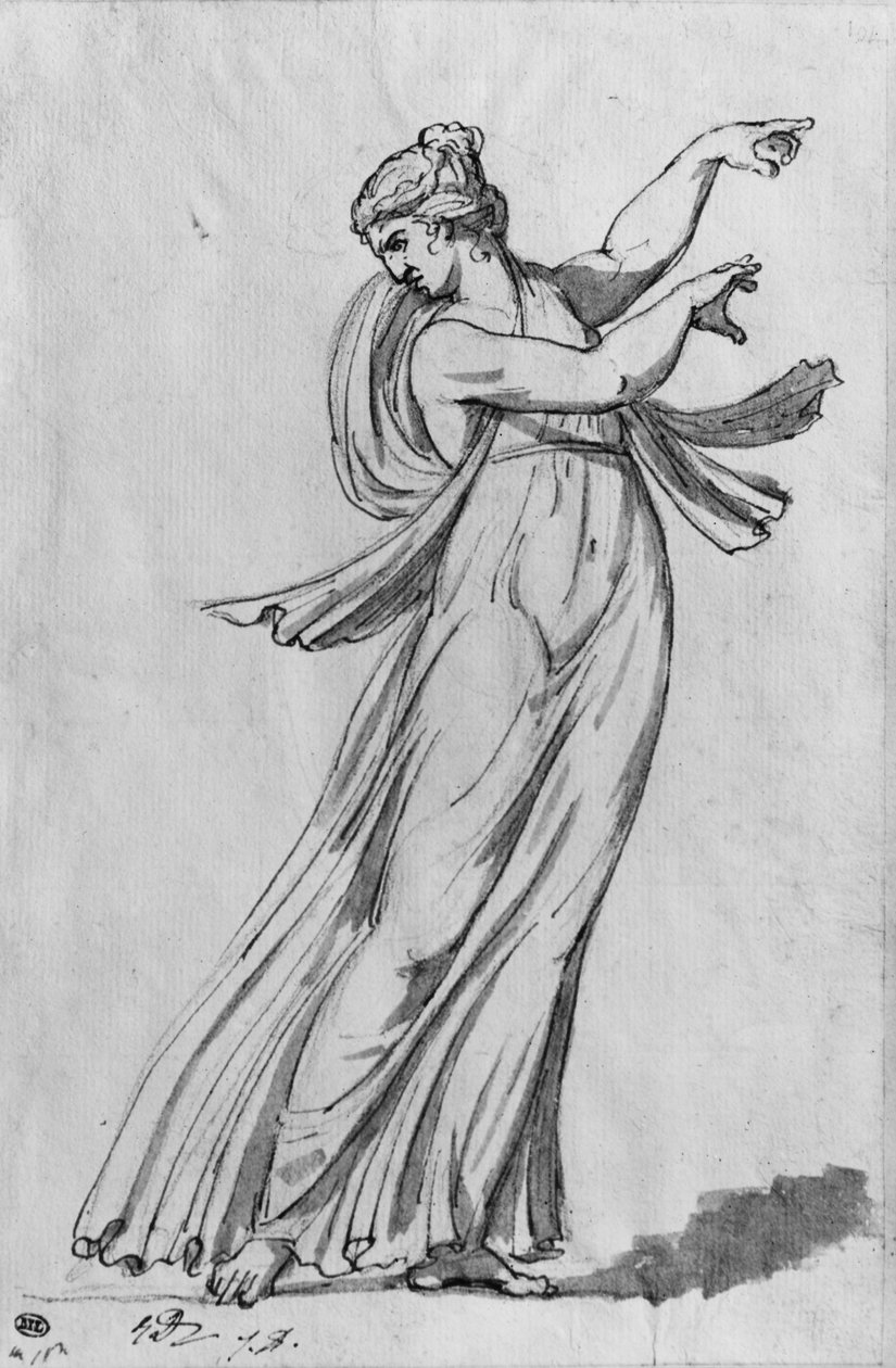 Bacchante (pen og sort blæk og grå vask og pierre noire på papir) af Jacques Louis David