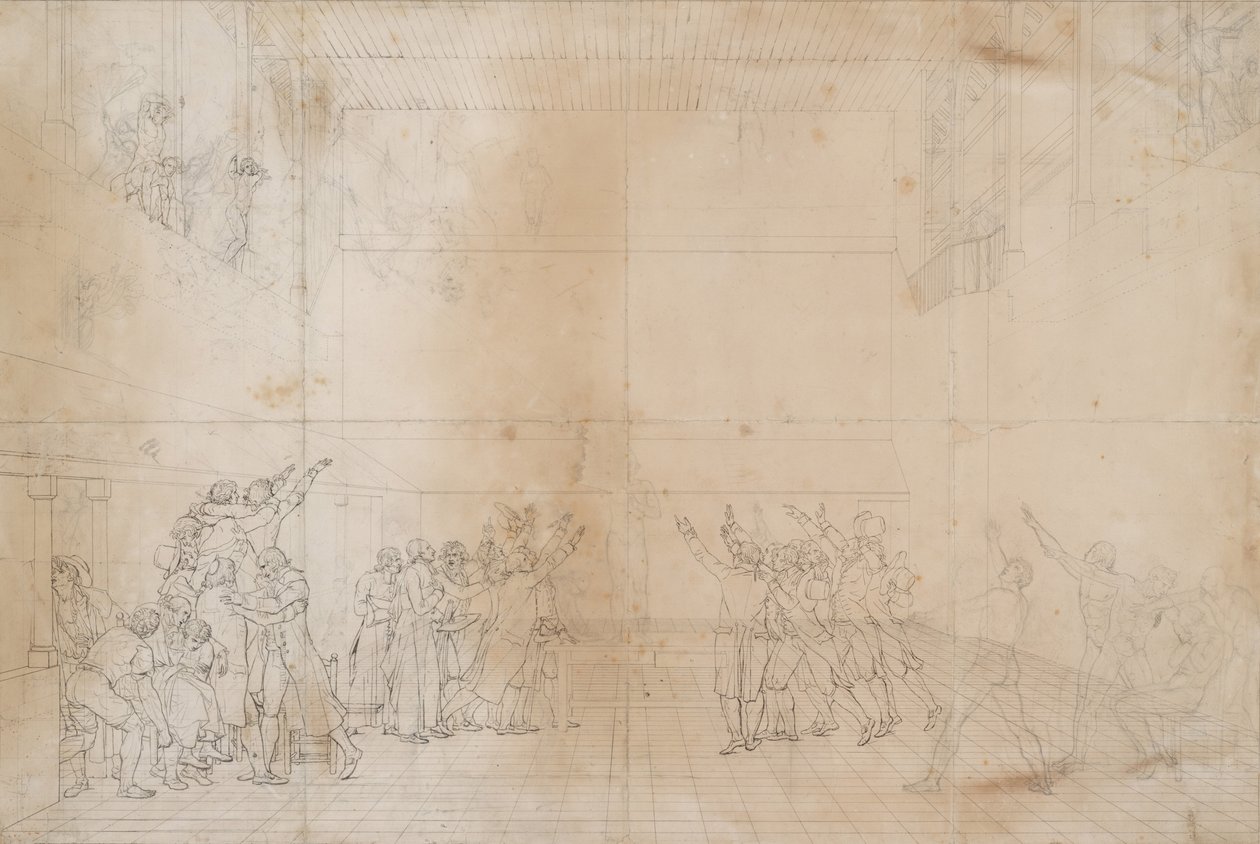 Studie til The Oath of the Tennis Court, ca. 1790 (blæk og grafit på papir) af Jacques Louis David