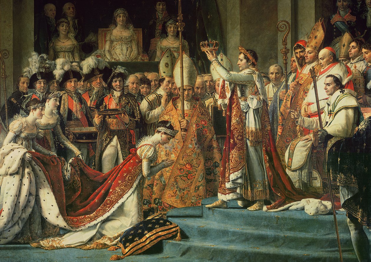 Indvielsen af kejser Napoleon 1769-1821 og kroningen af kejserinde Josephine 1763-1814 af pave Pius VII, 2. december 1804, 1806-07 olie på lærred detalje fra 18412 af Jacques Louis David