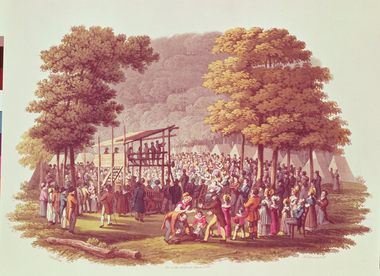 Metodisternes lejrmøde i Nordamerika, indgraveret af M. Dubourg, 1819 af Jacques Milbert