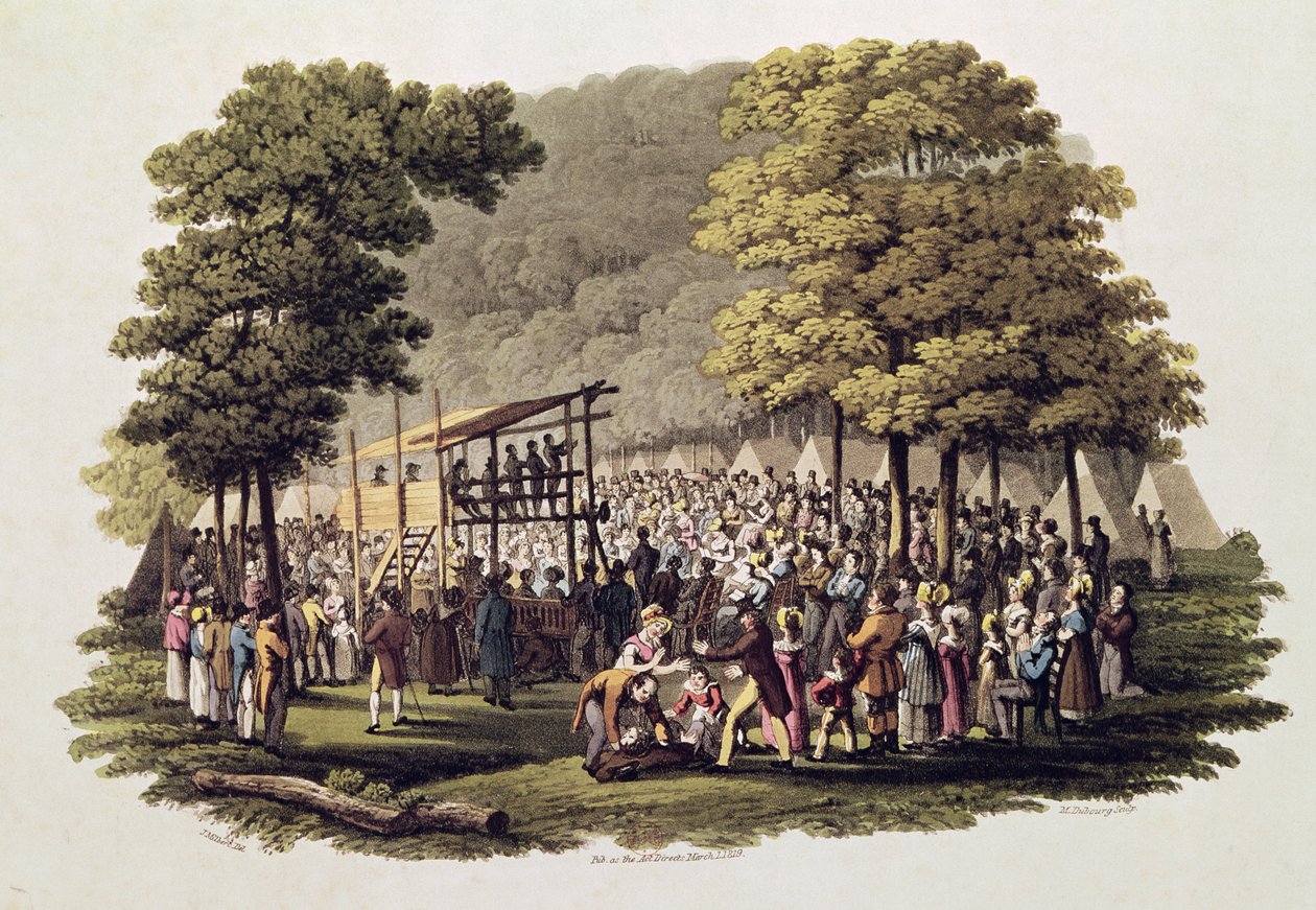Metodisternes lejrmøde i Nordamerika, indgraveret af Matthew Dubourg (fl.1813-20) 1819 af Jacques Milbert
