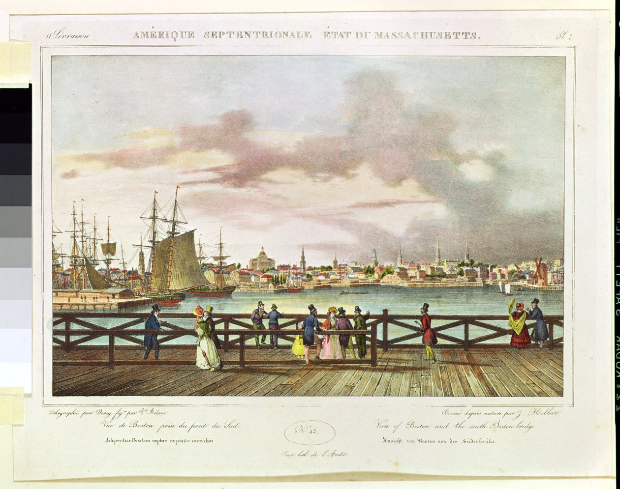 Udsigt over Boston og South Boston Bridge ca. 1829 af Jacques Milbert
