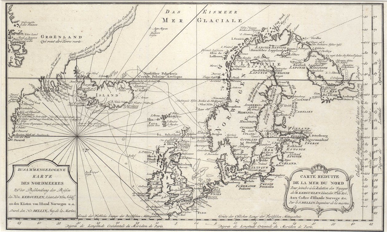 Kort over Nordatlanten med Nordsøen af Jacques Nicolas Bellin