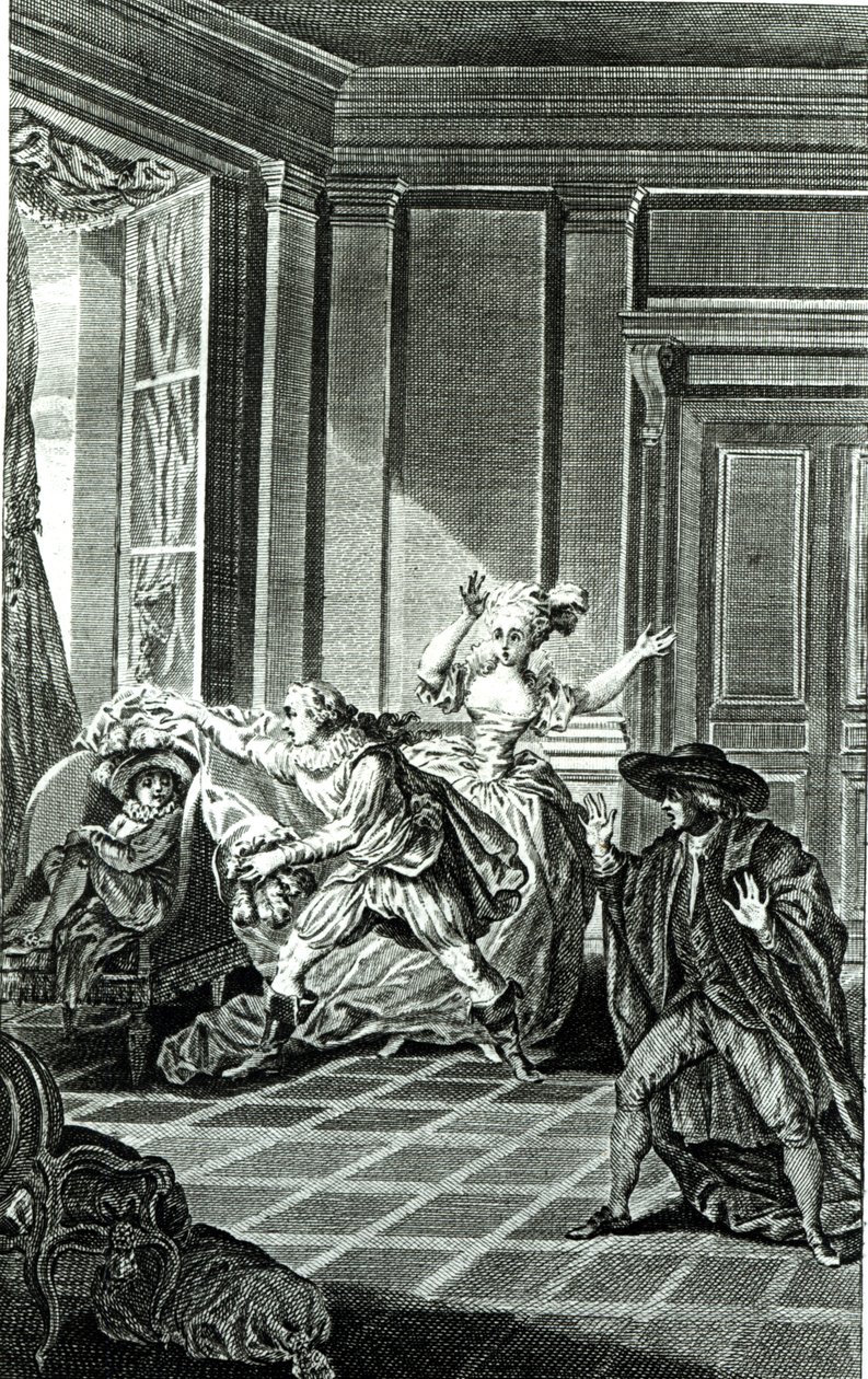 Scene fra første akt af "Figaros bryllup" af Pierre-Augustin Caron de Beaumarchais (1732-99), graveret af Claude Nicolas Malapeau (1755-1803) 1785 af Jacques Philippe Joseph de Saint Quentin