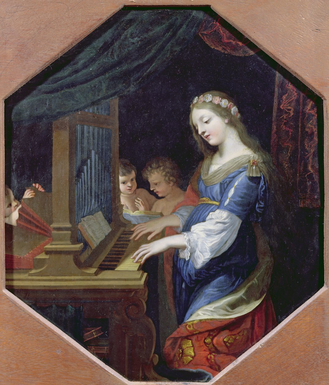 St. Cecilia spiller orgel (olie på kobber) af Jacques Stella