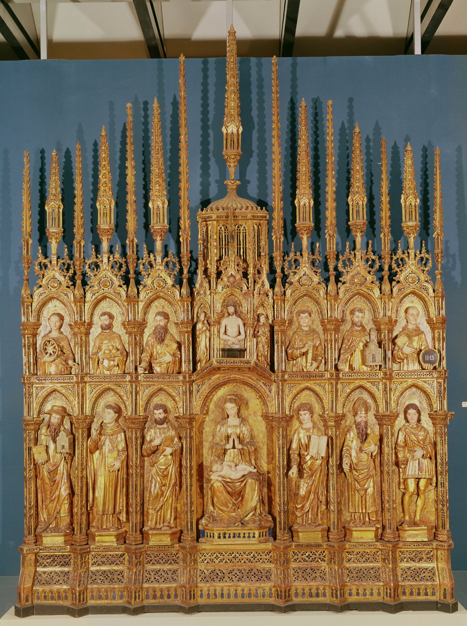 Polyptykon, der forestiller jomfruen og barnet med tolv hellige (forgyldt træ) af Jacques de Pula