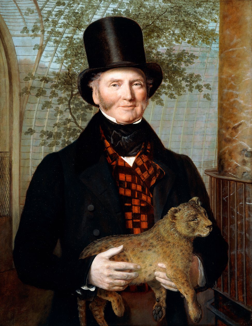 Portræt af Edward Cross, halvlang, i sort frakke og rødternet vest med en løveunge af Jacques Laurent Agasse