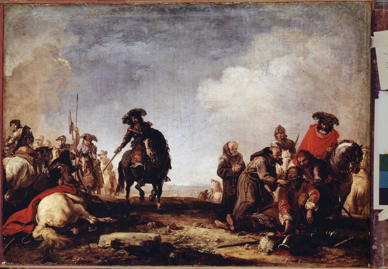 ""Efter slaget"" (Efter slaget) En gruppe munke passerer blandt de sårede for at velsigne dem. Maleri af Jacques Courtois (1621-1696) Eremitagemuseet fra det 17. århundrede, Sankt Petersborg (Saint-Petersburg) af Jacques Courtois