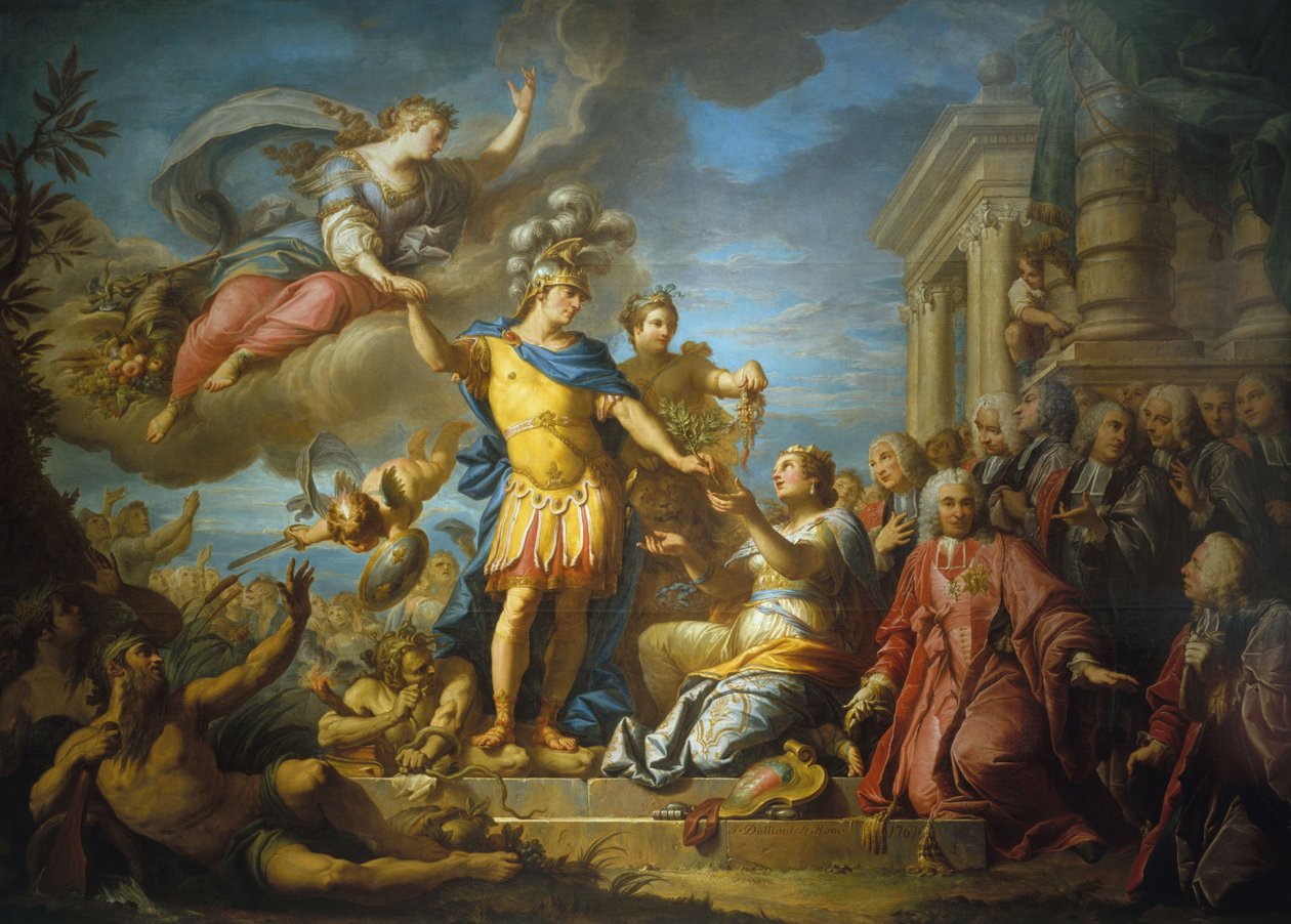 Allegori til ære for offentliggørelsen af freden i Aix-la-Chapelle, 13. februar af Jacques (1701 81) Dumont