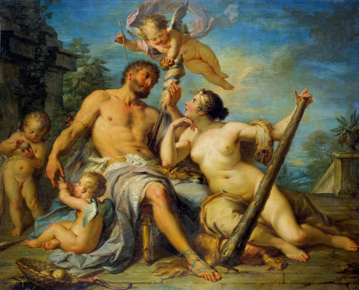 Hercules og Omphale Hercules (Heracles) er forelsket i Omphale, hvis slave han er. Maleri af Jacques Dumont kaldet romeren (1701-1781). 1728. Dim. 1,33 x 1,67 m. Rundvisninger, Museum of Fine Arts af Jacques  Dumont