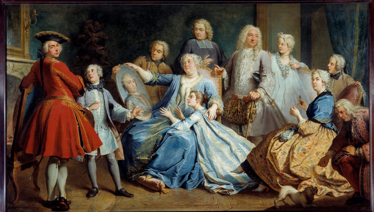 Portræt af Madame Mercier, sygeplejerske til Louis XV, omgivet af sin familie. Maleri af Jacques Dumont, dit le Romain (1701-1781) af Jacques  Dumont