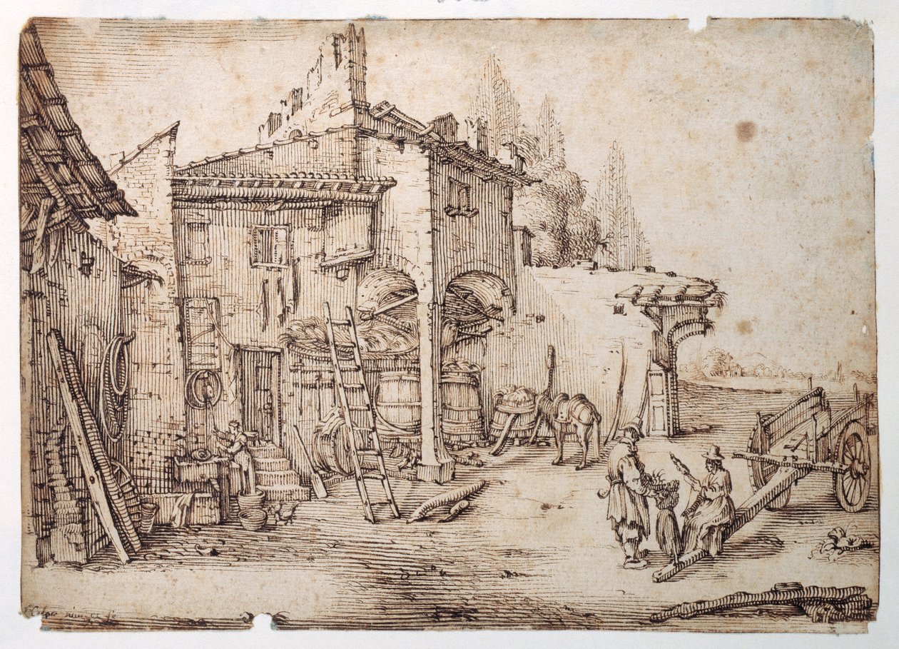 En italiensk gård (pen og brunt blæk på hvidt papir) af Jacques (after) Callot